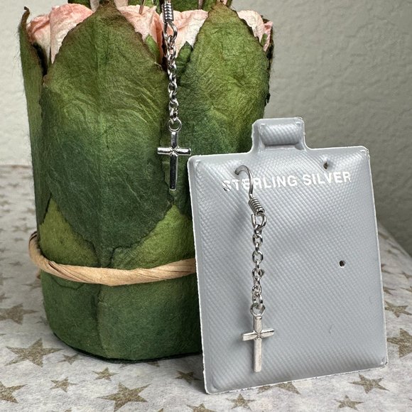 NEW Real Silver Dangling Cross Earrings - Picture 2 of 6
